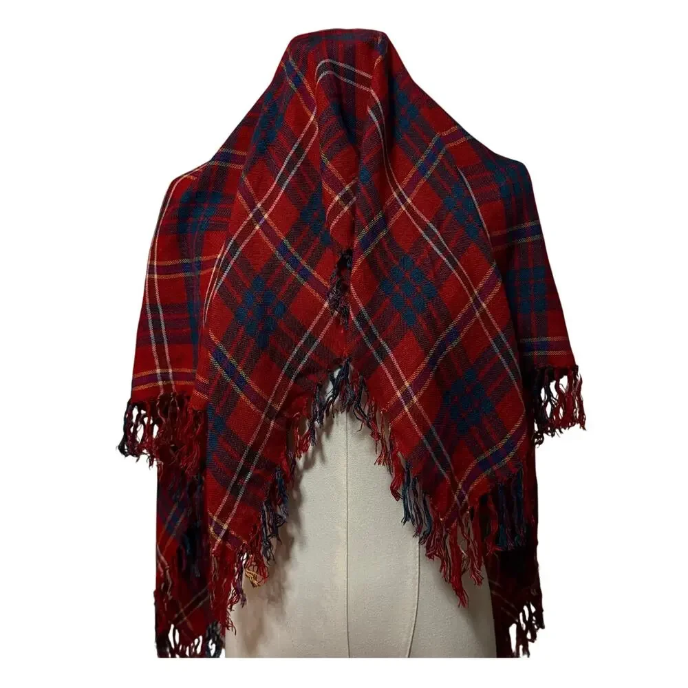 Accessory Institute ™ Red Plaid Scarf Rayon India 30 x 31 fringed Vintage